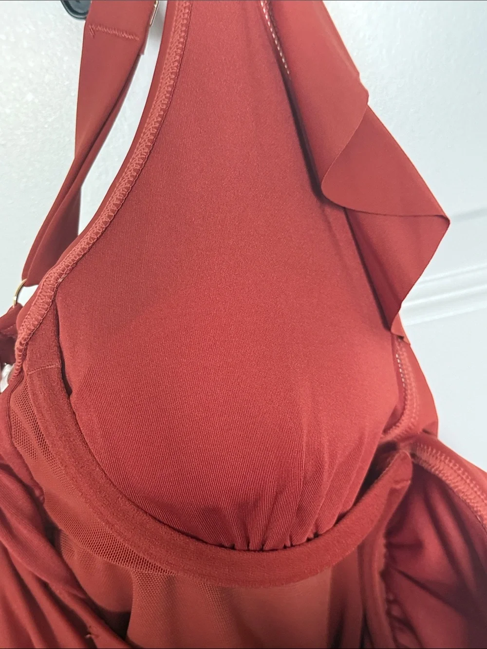 NWT DKNY Rust Ruffle V-Neck One-Piece Swimsuit Sz small - Picture 9 of 9